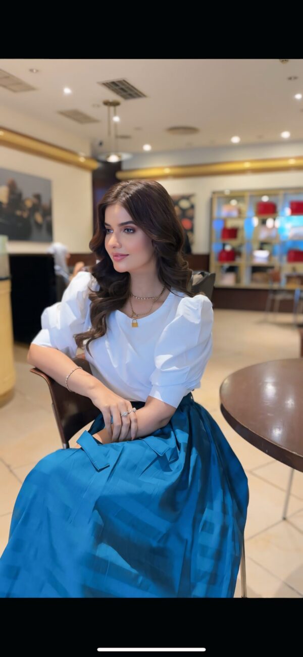 Classic Chic Duo Serene Style Set Blue White Model Shoot skirt&shirt - Image 6