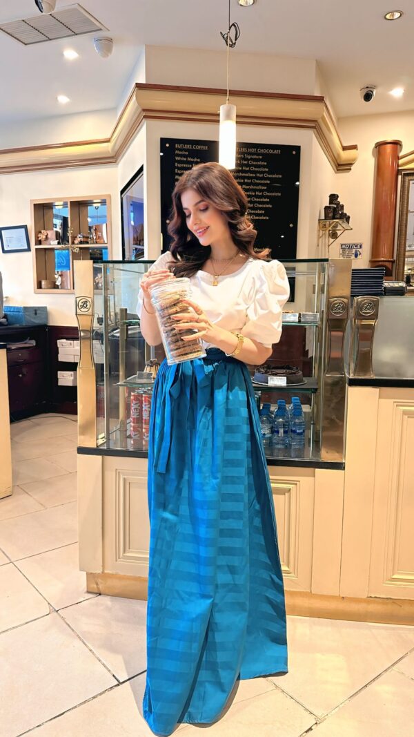 Classic Chic Duo Serene Style Set Blue White Model Shoot skirt&shirt - Image 5