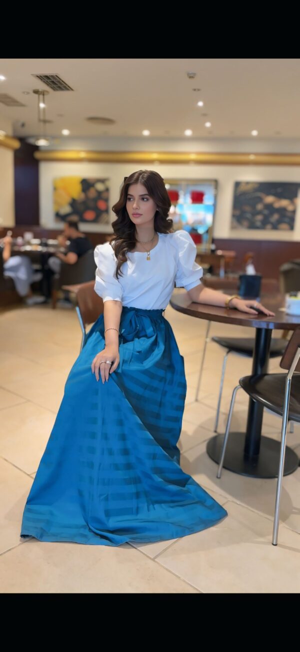 Classic Chic Duo Serene Style Set Blue White Model Shoot skirt&shirt - Image 4