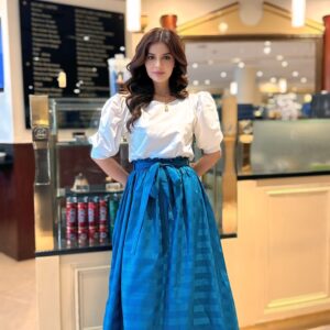 Classic Chic Duo Serene Style Set Blue White Model Shoot skirt&shirt