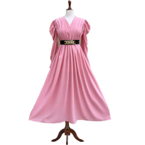 Beautiful Pink Georgette stuff Plated body style maxi with full Puff sleeves and Chain Belt.