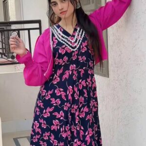 Nancy - Korean Lenin, Beautiful Navy Blue & Pink Maxi for You 💕 | New Style with Kurti 🩷