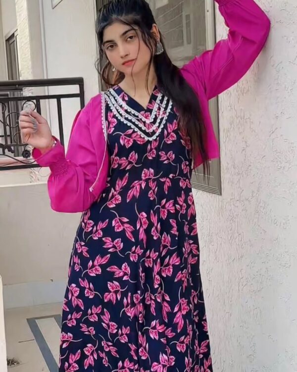 Nancy - Korean Lenin, Beautiful Navy Blue & Pink Maxi for You 💕 | New Style with Kurti 🩷
