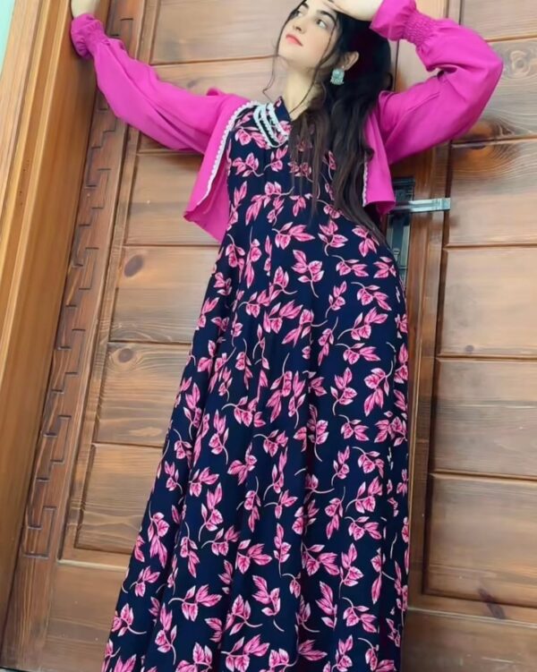 Nancy - Korean Lenin, Beautiful Navy Blue & Pink Maxi for You 💕 | New Style with Kurti 🩷 - Image 4
