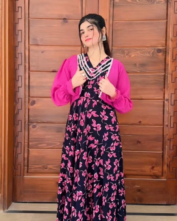 Nancy - Korean Lenin, Beautiful Navy Blue & Pink Maxi for You 💕 | New Style with Kurti 🩷 - Image 2