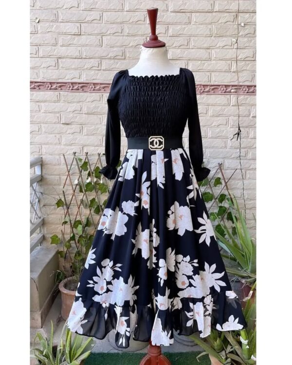 Thailand Chiffon fabric flair separate Skirt with Smoked style geroget Shirt & stone channel Belt